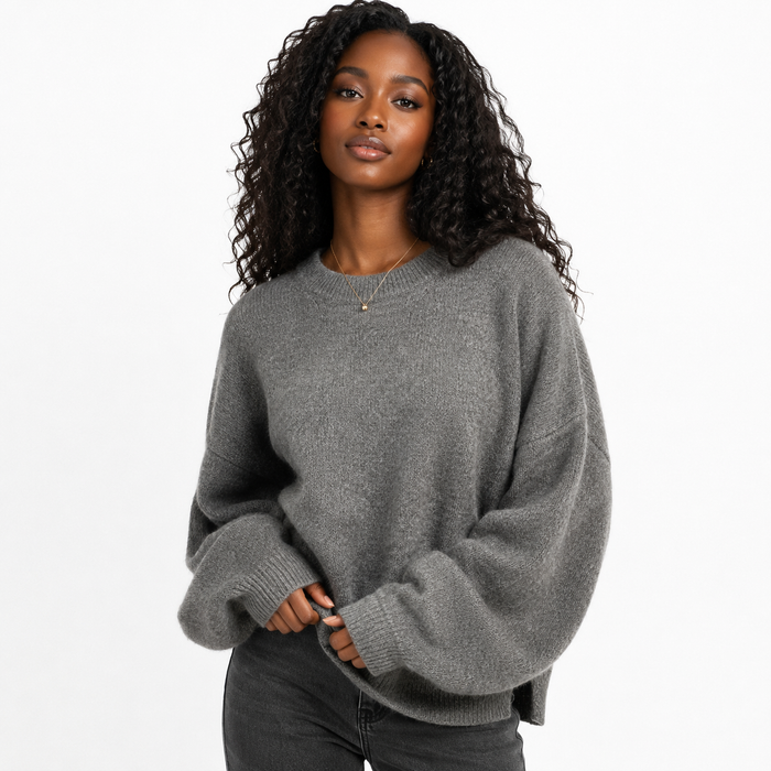 Wool Crew Neck Sweater for Women Chic Loose Lantern Fit