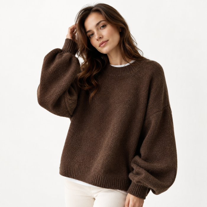 Wool Crew Neck Sweater for Women Chic Loose Lantern Fit