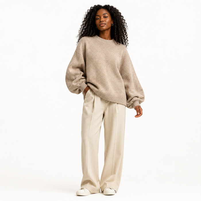 Wool Crew Neck Sweater for Women Chic Loose Lantern Fit