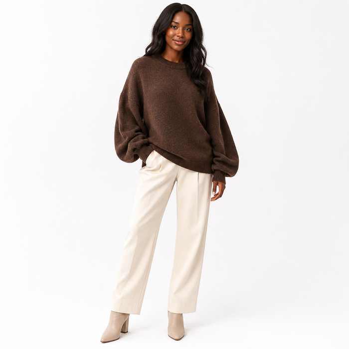 Wool Crew Neck Sweater for Women Chic Loose Lantern Fit