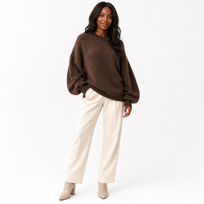 Wool Crew Neck Sweater for Women Chic Loose Lantern Fit