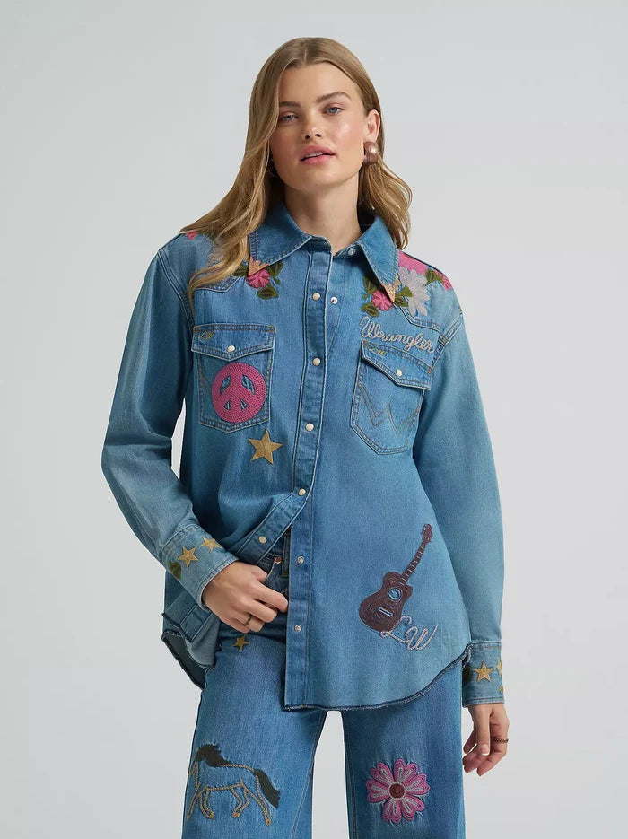 Wrangler X Lainey Wilson Embroidered Denim Shirt at Bourbon Cowgirl