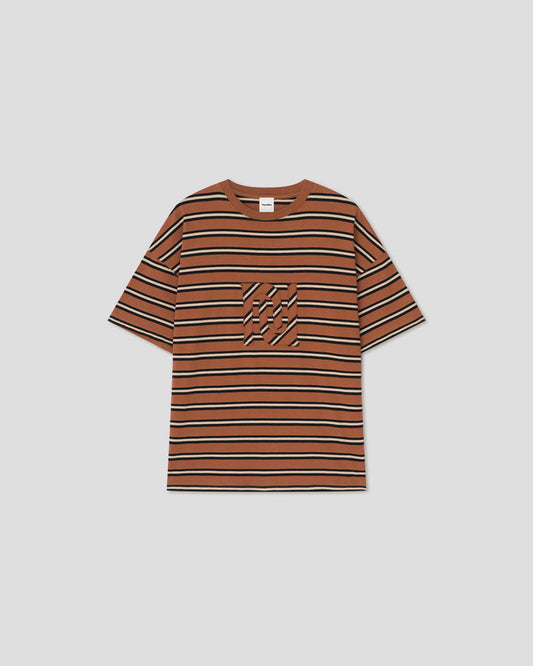 Wren - Embroidered T-shirt - Tan/White/Black Stripe