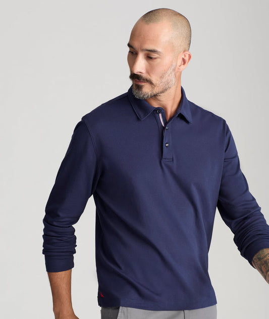 Model wearing a Navy Wrinkle-Free Damaschino Long-Sleeve Polo