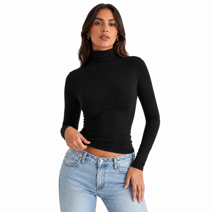 Slim long sleeve turtleneck top styled with jeans for everyday streetwear