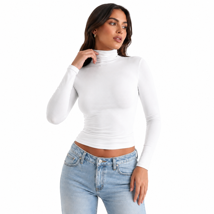 Fitted high neck top for women with smooth sculpted silhouette and modern Y2K look
